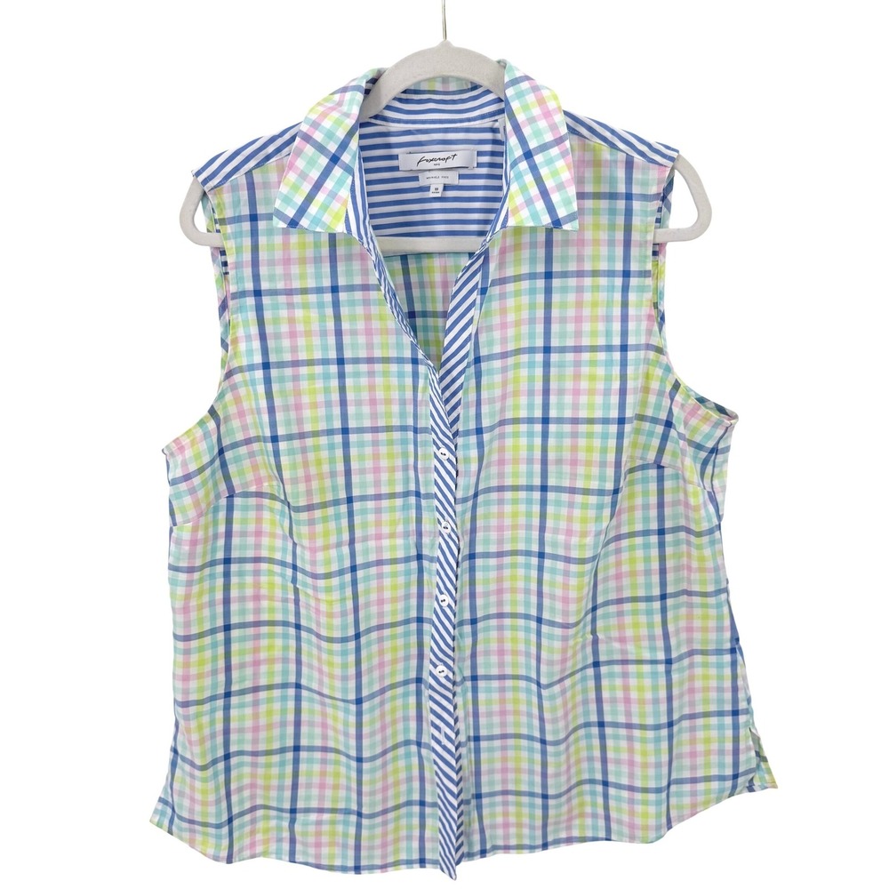 Foxcroft NYC Womens 18 Fitted Sleeveless Button Down Shirt Plaid Striped Wrinkle